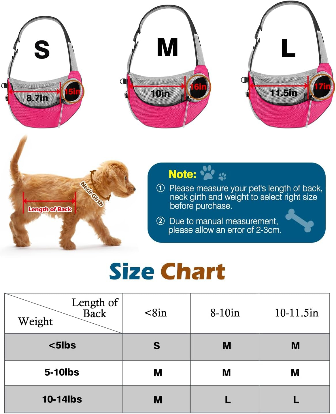 Dog Sling Carrier, Dog Papoose with Zipper Touch Pocket, Hand Free Breathable Mesh Puppy Carrier, Crossbody Satchel Dog Purse with Adjustable Strap for Outdoor Travel, Pink, L