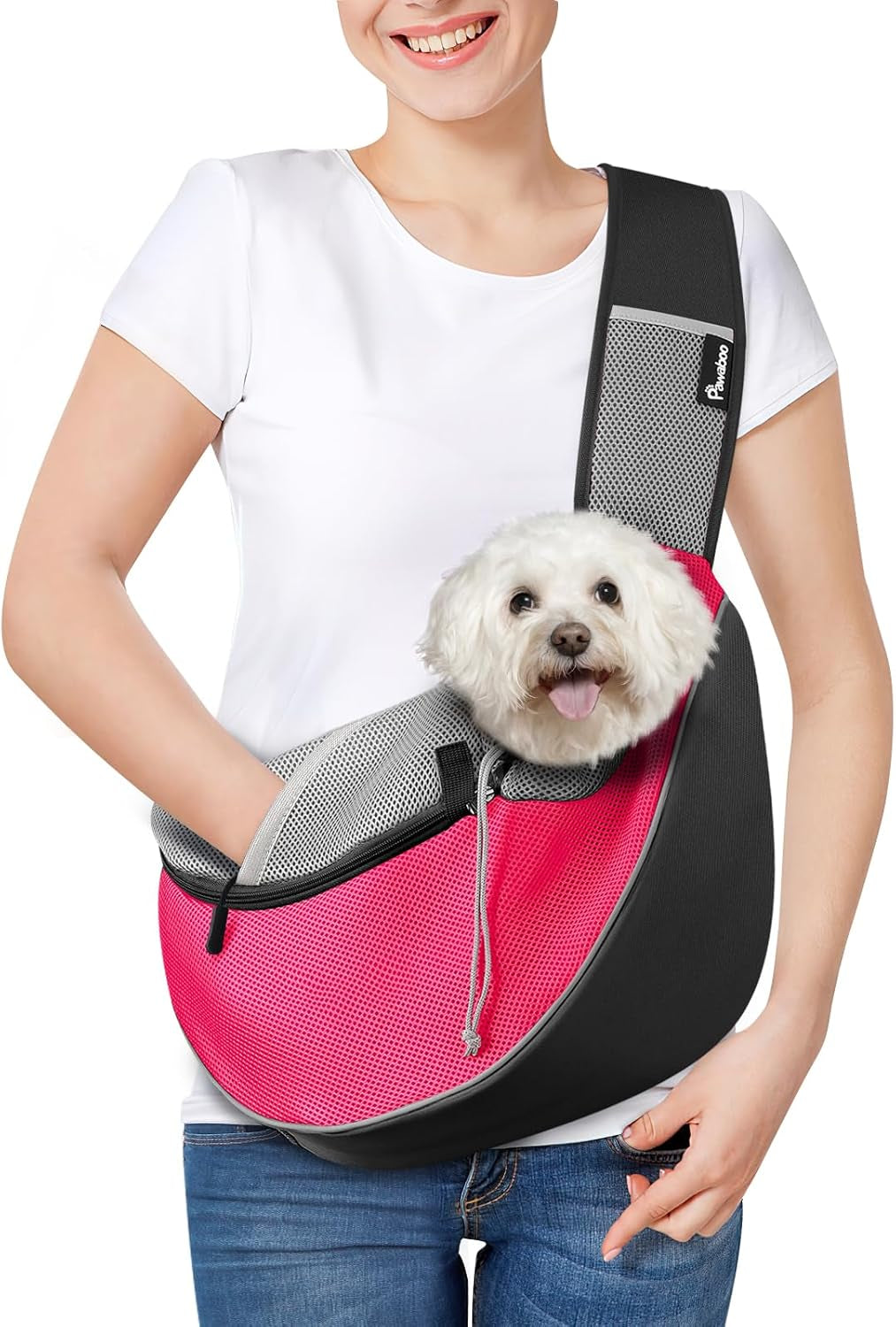 Dog Sling Carrier, Dog Papoose with Zipper Touch Pocket, Hand Free Breathable Mesh Puppy Carrier, Crossbody Satchel Dog Purse with Adjustable Strap for Outdoor Travel, Pink, L