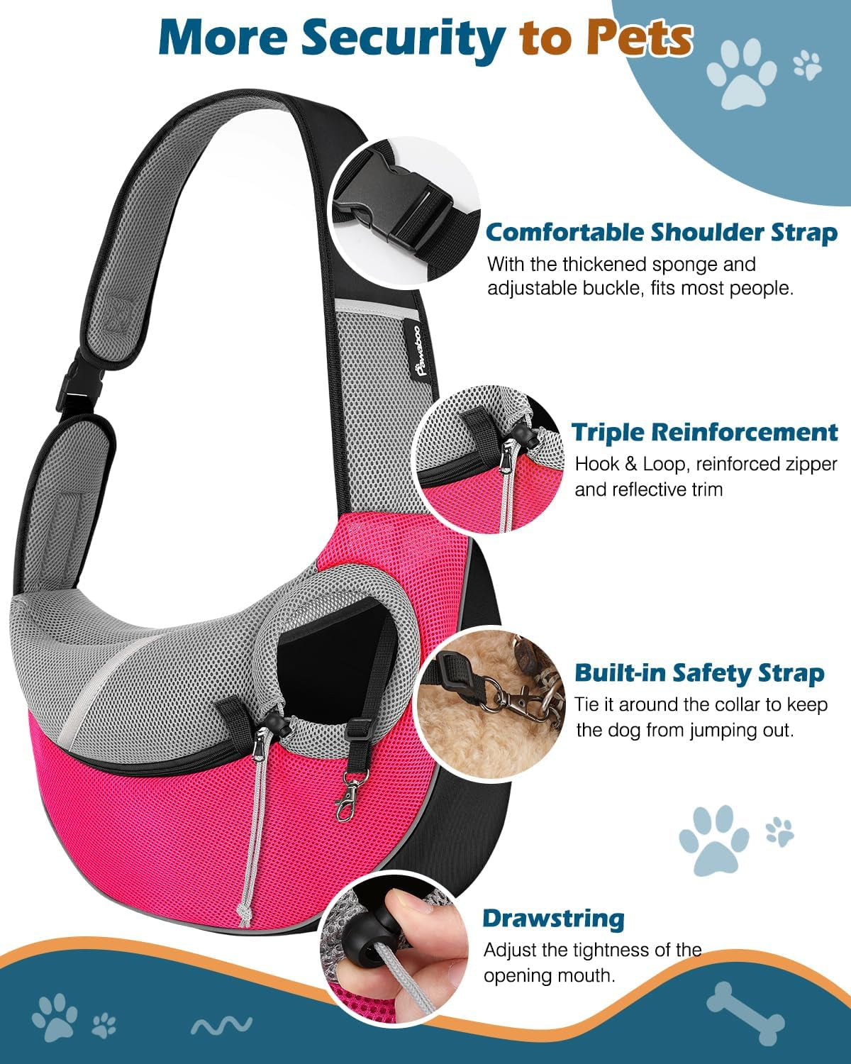 Dog Sling Carrier, Dog Papoose with Zipper Touch Pocket, Hand Free Breathable Mesh Puppy Carrier, Crossbody Satchel Dog Purse with Adjustable Strap for Outdoor Travel, Pink, L