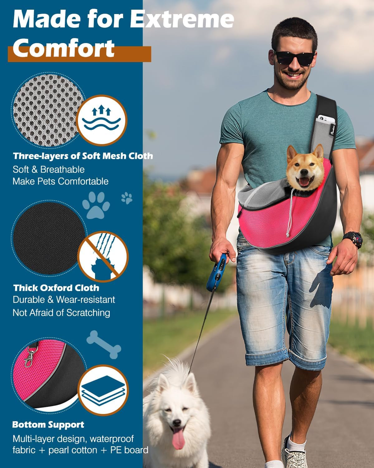 Dog Sling Carrier, Dog Papoose with Zipper Touch Pocket, Hand Free Breathable Mesh Puppy Carrier, Crossbody Satchel Dog Purse with Adjustable Strap for Outdoor Travel, Pink, L
