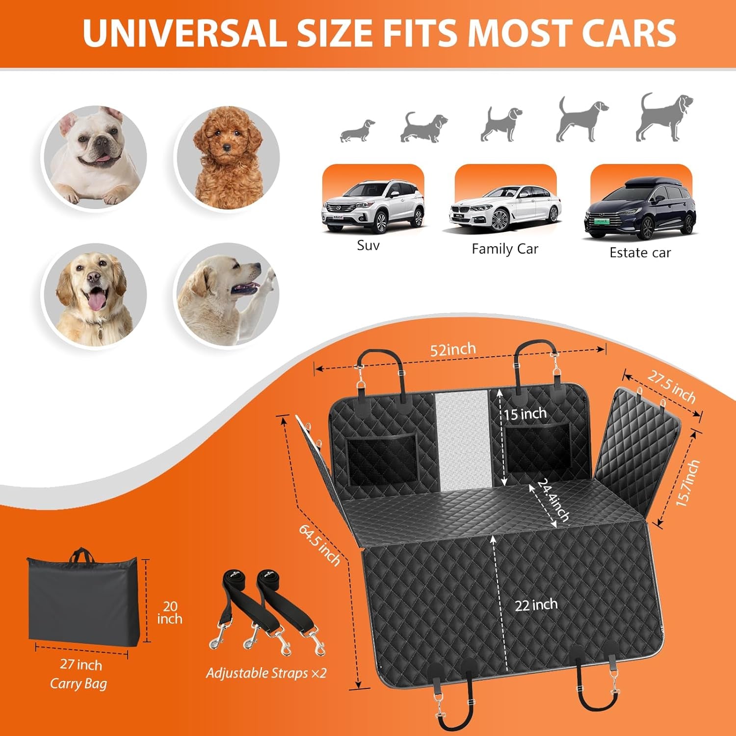 Dog Seat Cover Hard Bottom Holds 400Lbs, Sturdy Back Seat Extender for Dogs, Waterproof Pets Backseat Protector with Mesh Window and Storage Pocket for Car SUV