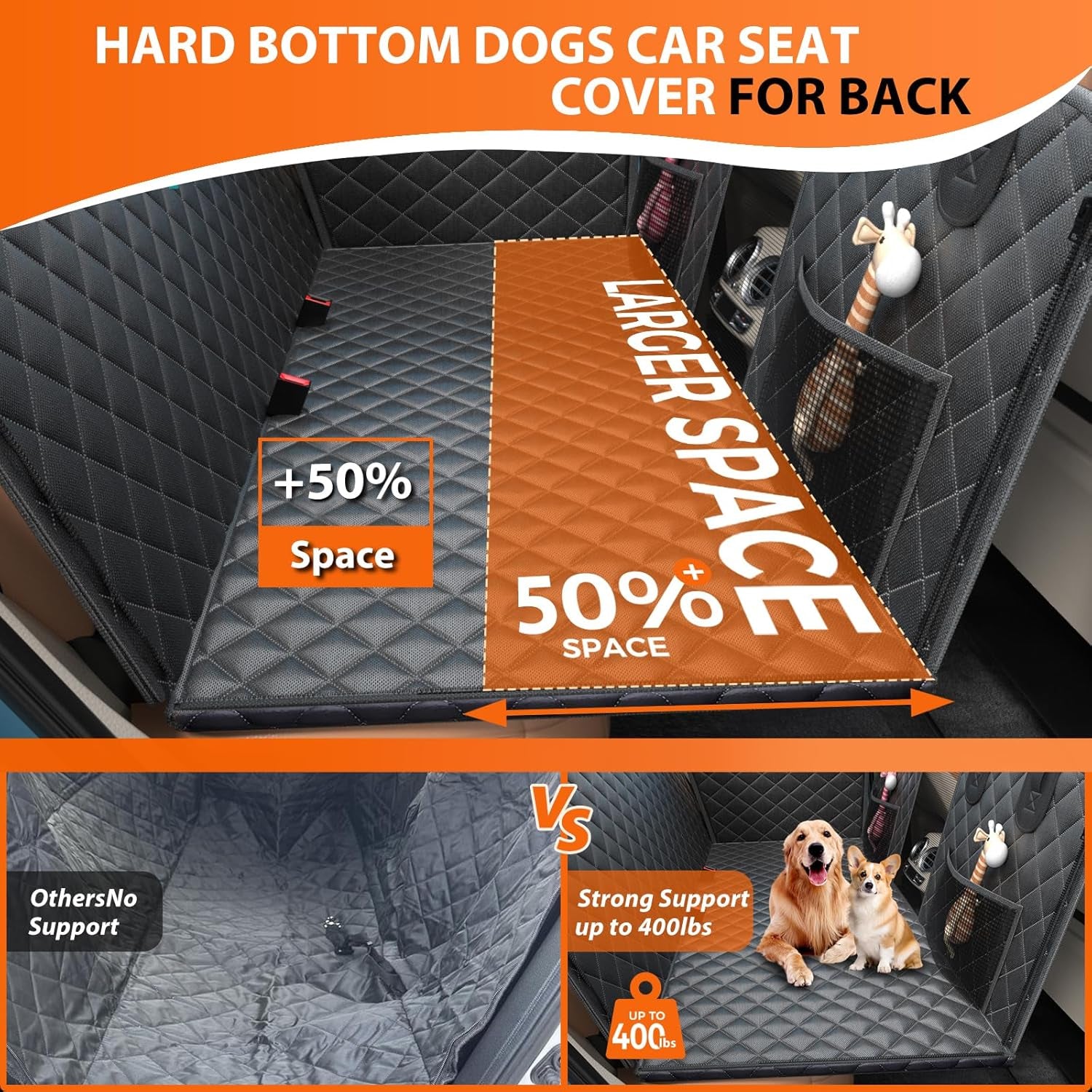 Dog Seat Cover Hard Bottom Holds 400Lbs, Sturdy Back Seat Extender for Dogs, Waterproof Pets Backseat Protector with Mesh Window and Storage Pocket for Car SUV