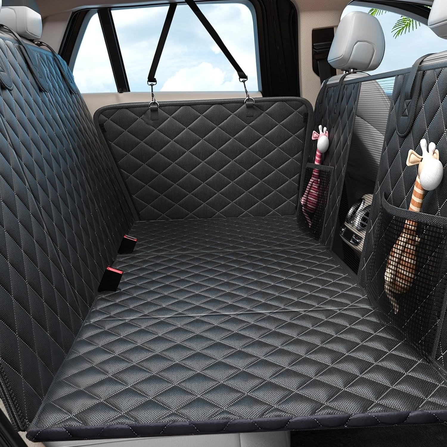 Dog Seat Cover Hard Bottom Holds 400Lbs, Sturdy Back Seat Extender for Dogs, Waterproof Pets Backseat Protector with Mesh Window and Storage Pocket for Car SUV