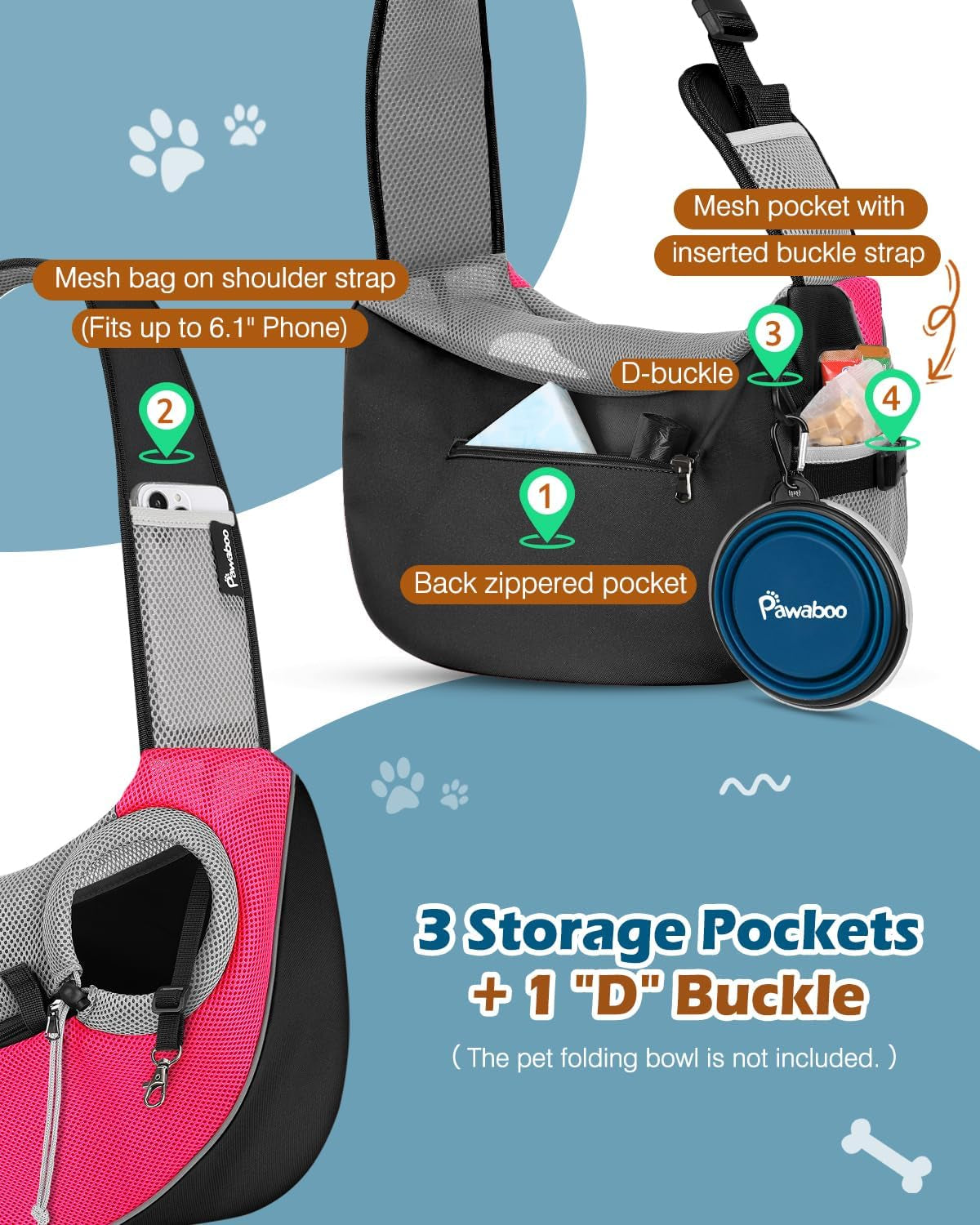 Dog Sling Carrier, Dog Papoose with Zipper Touch Pocket, Hand Free Breathable Mesh Puppy Carrier, Crossbody Satchel Dog Purse with Adjustable Strap for Outdoor Travel, Pink, L