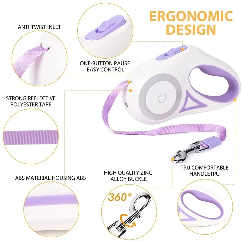 3M/5M Automatic Retractable Dog Leash with Flashlight, LED Glowing at Night Walking Leash, Durable Nylon Outdoor Leash for Dog