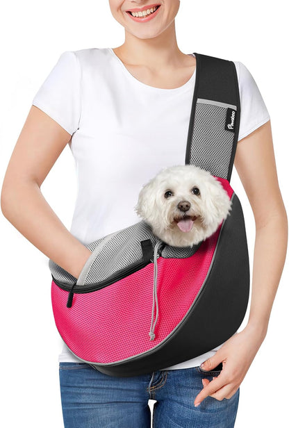 Dog Sling Carrier, Dog Papoose with Zipper Touch Pocket, Hand Free Breathable Mesh Puppy Carrier, Crossbody Satchel Dog Purse with Adjustable Strap for Outdoor Travel, Pink, L